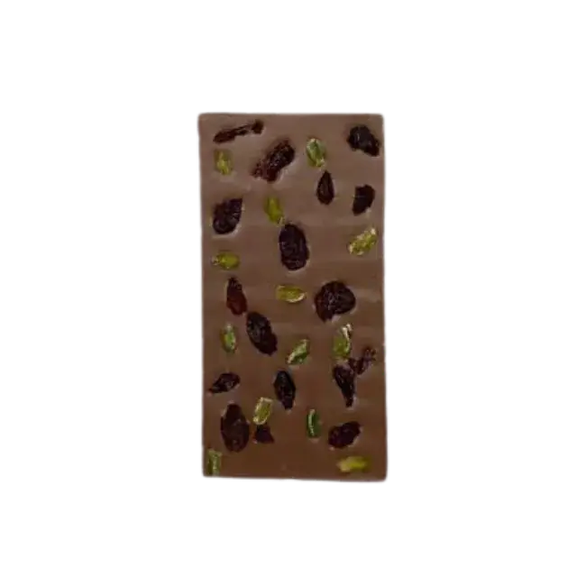Tablette garnie (chocolat au lait, pistaches, cranberries)